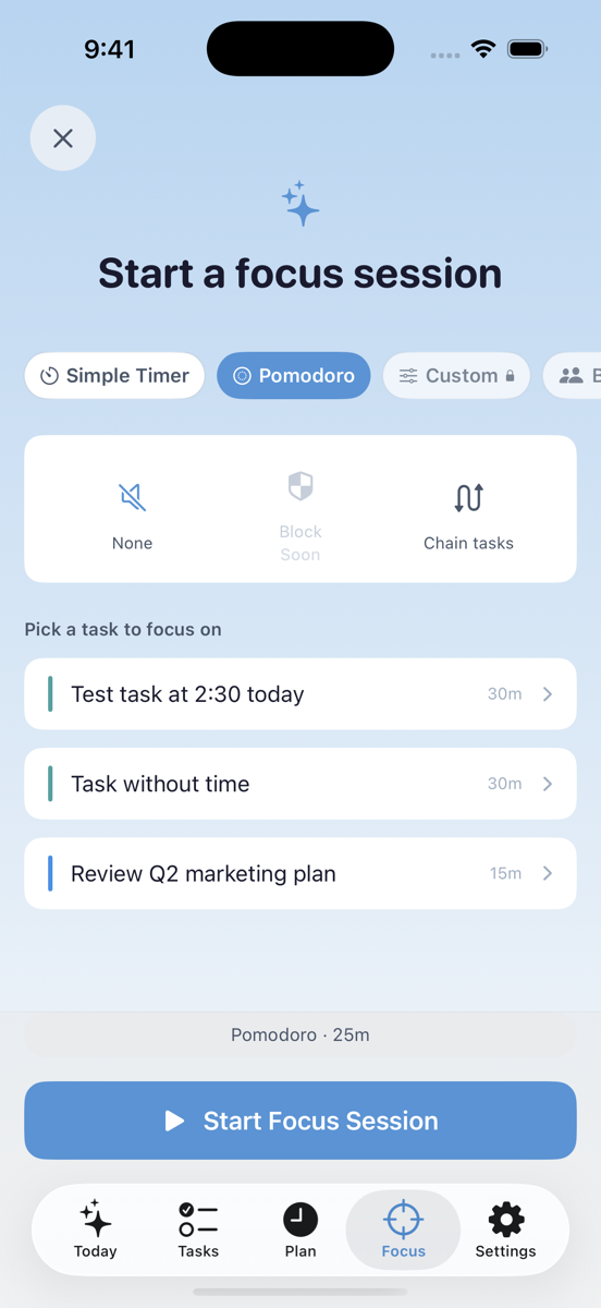 Focus timer with Pomodoro mode