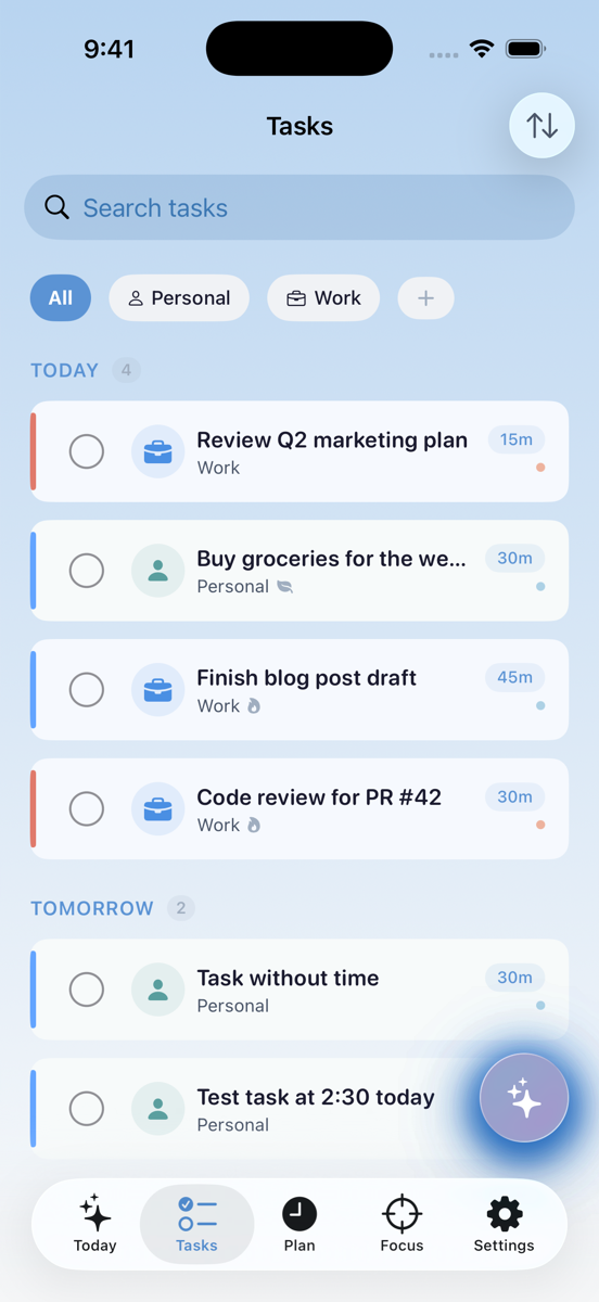 Work style picker showing six modes including Stay On Task, Get Moving, and Reduce Overwhelm